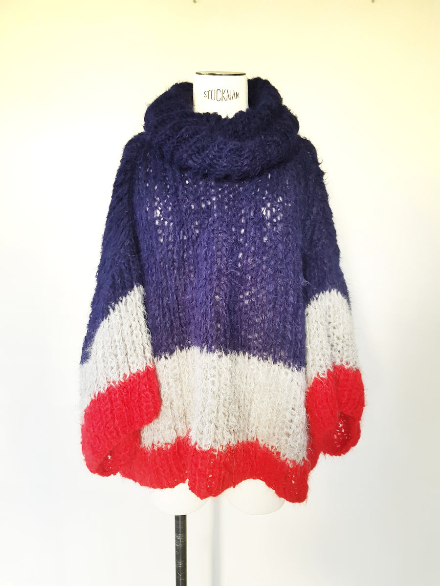 Stripe hand knit funnel neck sweater