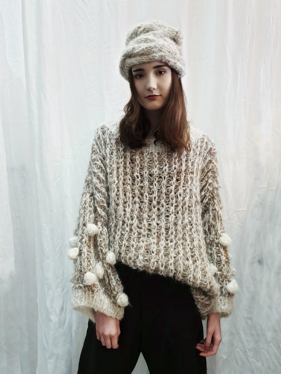 Amano hand-knit alpaca 2 tone pom pom sweater