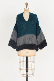 Hand Knit V Neck Sweater (Alpaca) Tri Stripe Ocean / Charcoal