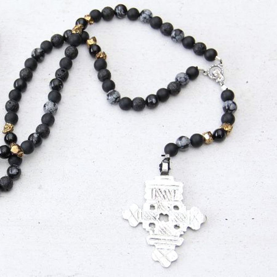 Close up of Black Cross Handcrafted Prayer Beads (Onyx Lava, Agate) | Emma Rea