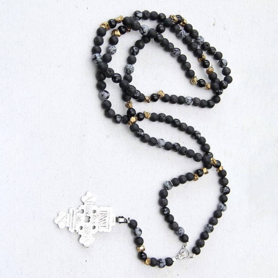 Black Cross Handcrafted Prayer Beads (Onyx Lava, Agate) | Emma Rea