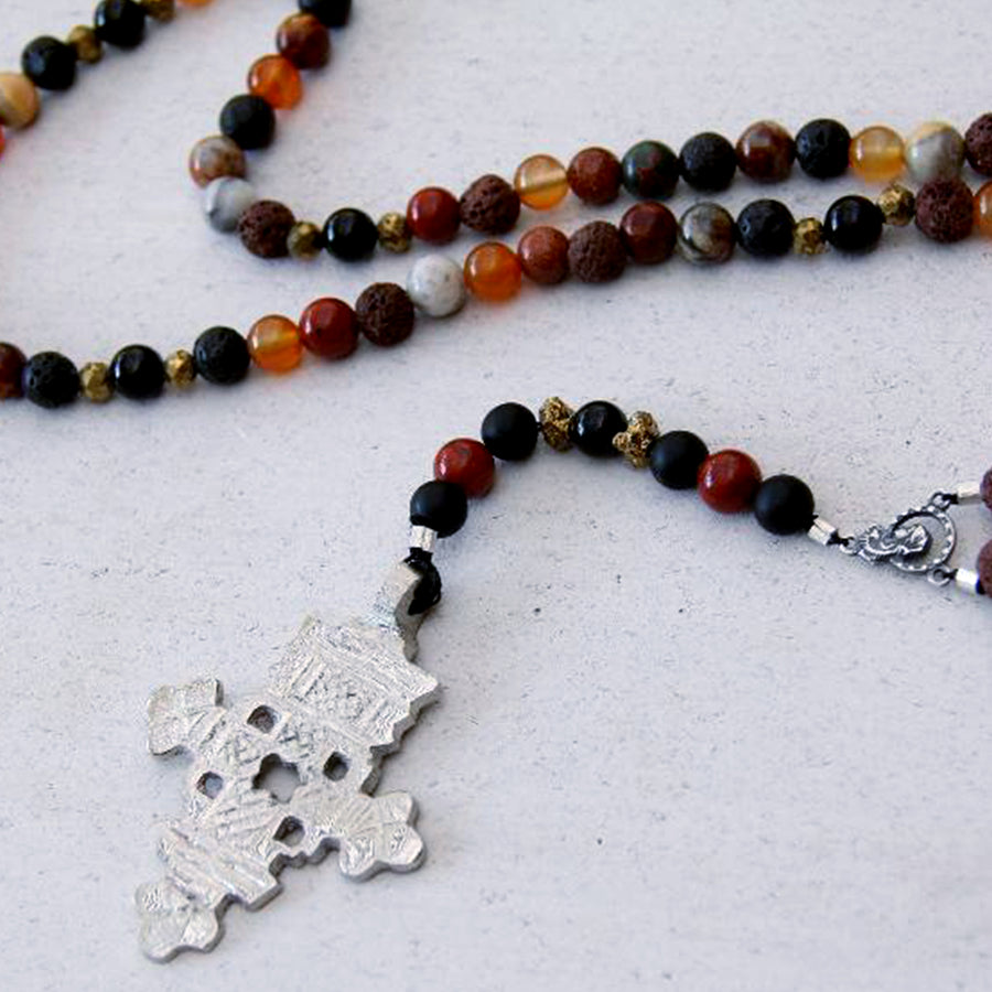 Orange Handcrafted Prayer Beads Cross (Onyx, Lava Stone, Red Jasper, Agate) | Emma Rea