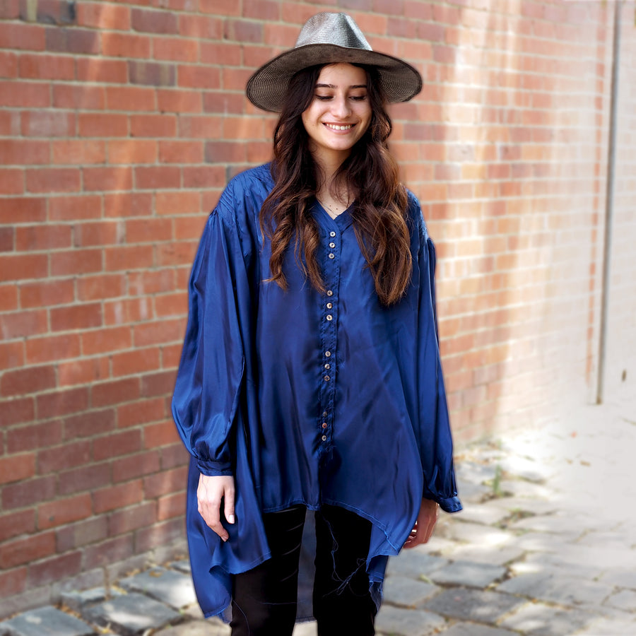 Front of Cobalt Blue Pintuck Shirt (Silk) | Amano by Lorena Laing