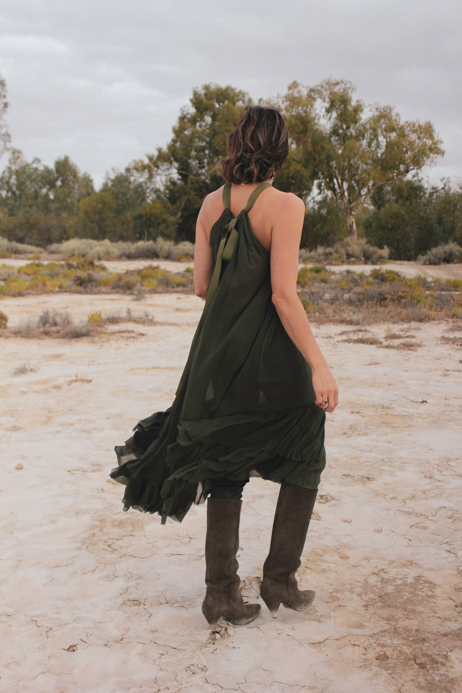 silk swan dress - Khaki Green