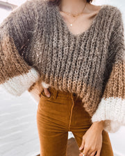 Handknit V neck sweater tri - colour