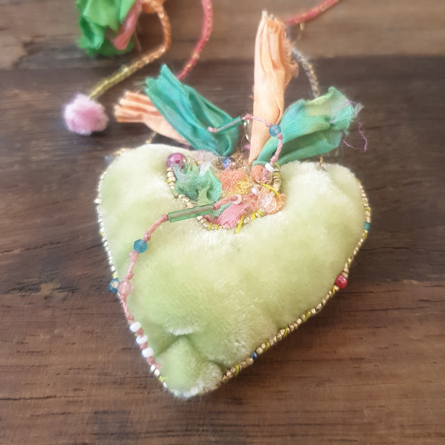 Antonia Rossi & Valerie Donati Hand Embroidered Silk Velvet Heart Pendant Necklace - Pale Green
