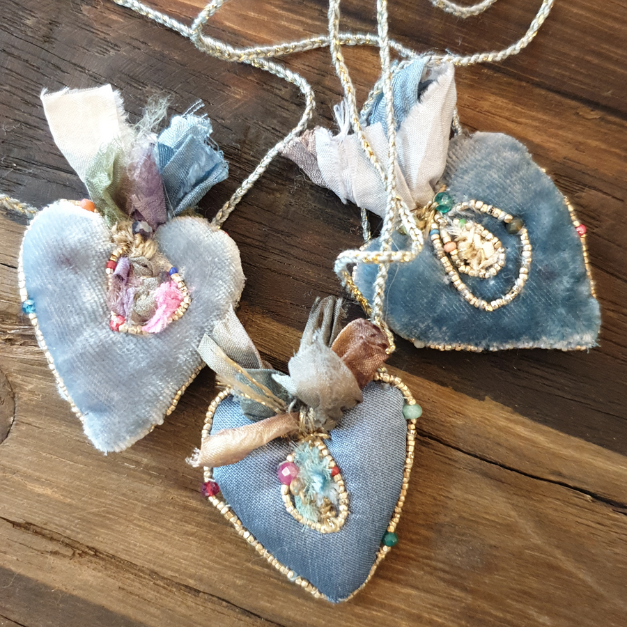 Antonia Rossi & Valerie Donati Hand Embroidered Silk Velvet Heart Pendant Necklace - Blue
