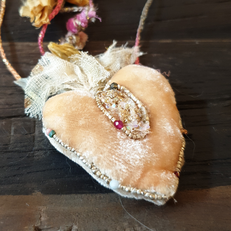 Antonia Rossi & Valerie Donati Hand Embroidered Silk Velvet Heart Pendant Necklace - Natural