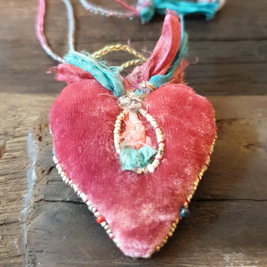Antonia Rossi & Valerie Donati Hand Embroidered Silk Velvet Heart Pendant Necklace - Red