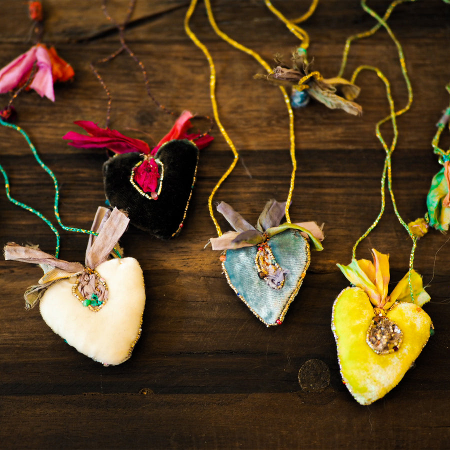 Hand Embroidered Silk Velvet Heart Pendant Necklaces