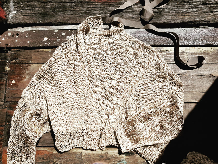Amano handknit linen batwing top with handprint foil detail