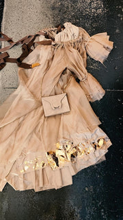 Silk maxi dress with ribbons / foil print - mink