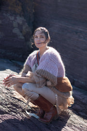 Hand knit alpaca V neck sweater - tri stripe