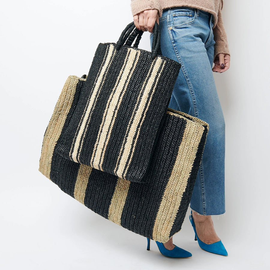 Raffia Shopper Bag - Black Beige