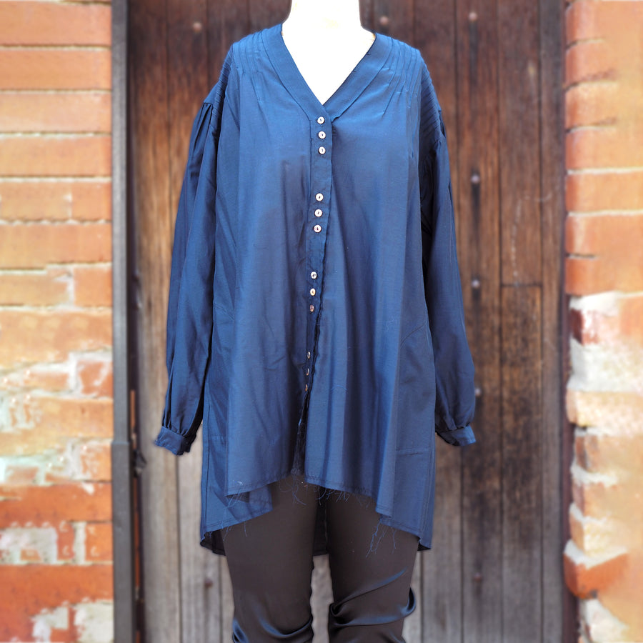 Front of Navy Blue Pintuck Shirt (Silk) | Amano by Lorena Laing