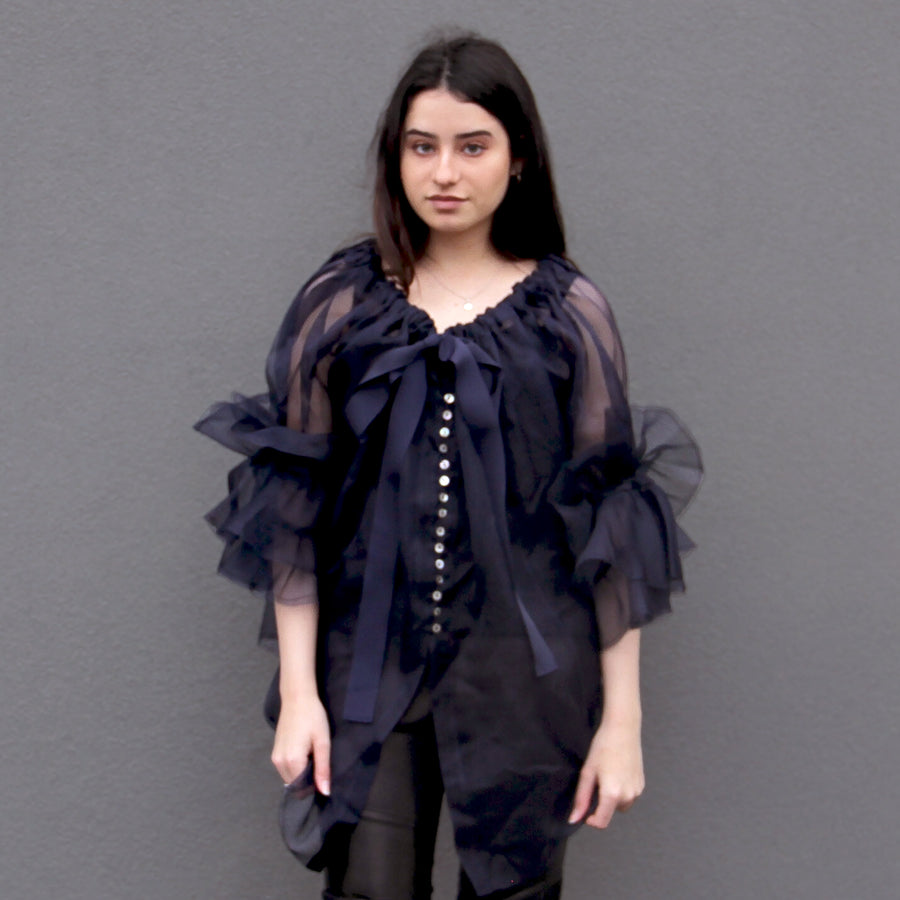 Front of Navy Button Back Blouse (Silk Organza) | Amano by Lorena Laing