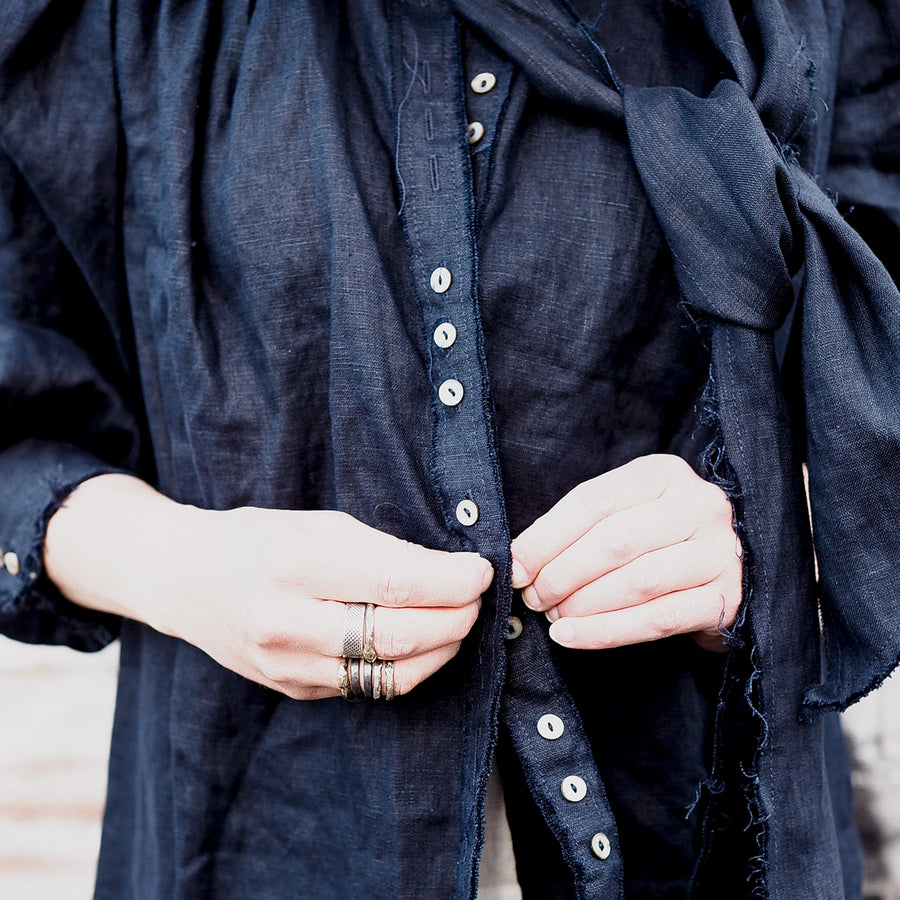 Close up of Navy Button Through Blouse with Optional Neck Tie (Linen) | Amano by Lorena Laing