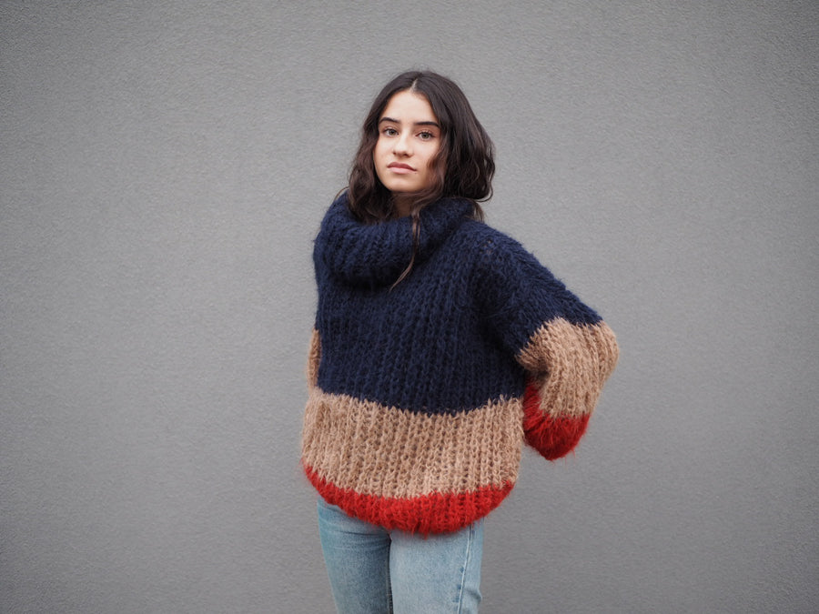 Stripe hand knit funnel neck sweater