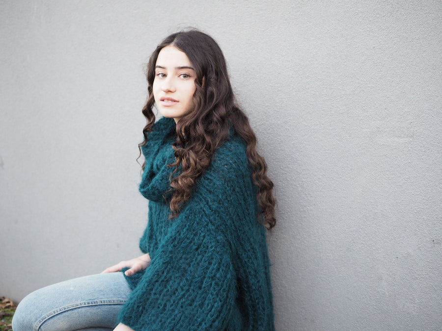 Chunky hand knit sweater with funnel collar
