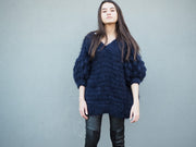 Hand Crochet Bluson With Pompom Sleeves (Alpaca) - Navy