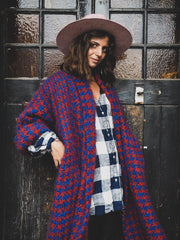 Hand Loom Maxi Coat In Micro Houndstooth Weave (Alpaca) - Rust/Cobalt