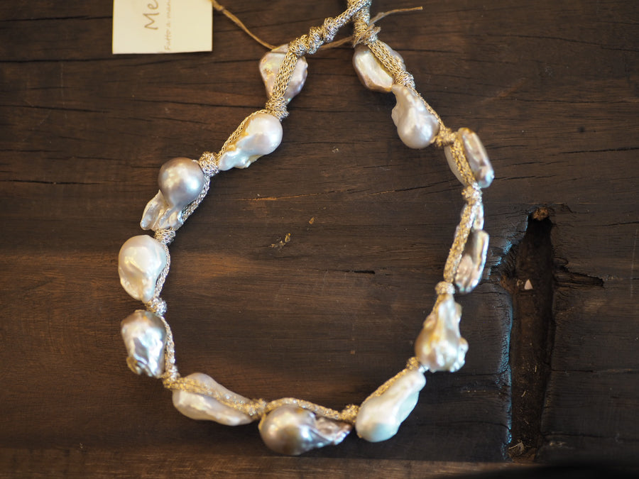 South Sea Baroque Pearl Necklace With metallic Silk (Multicolour Pearls)