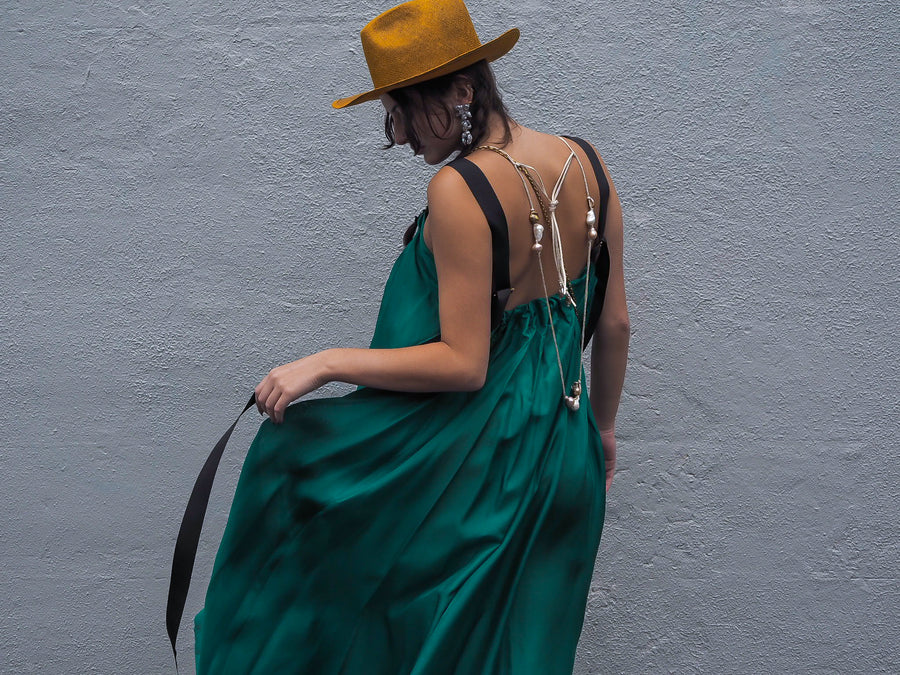Silk maxi dress with ribbon ties - Emerald