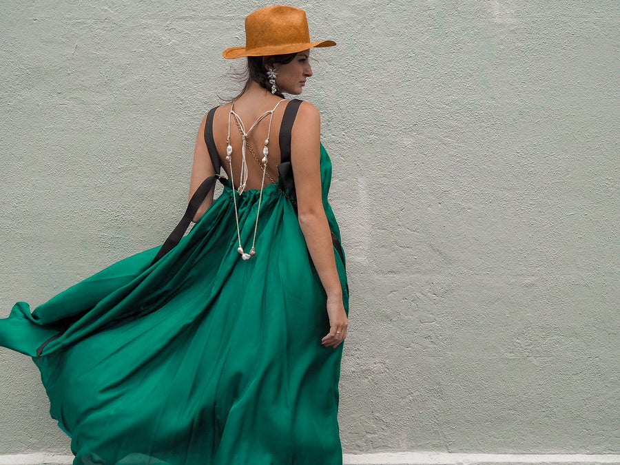Silk maxi dress with ribbon ties - Emerald