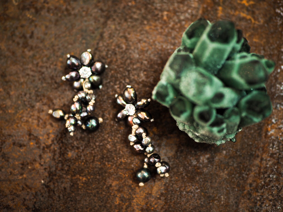 Mela flower drop pearl + zirconia earrings
