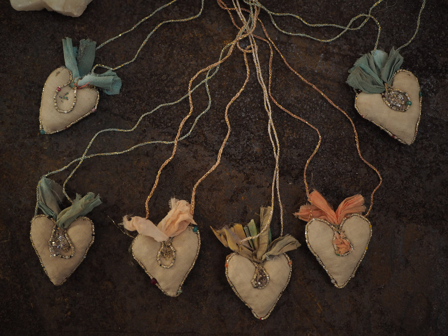 Hand Embroidered linen Heart Pendant Necklace - linen