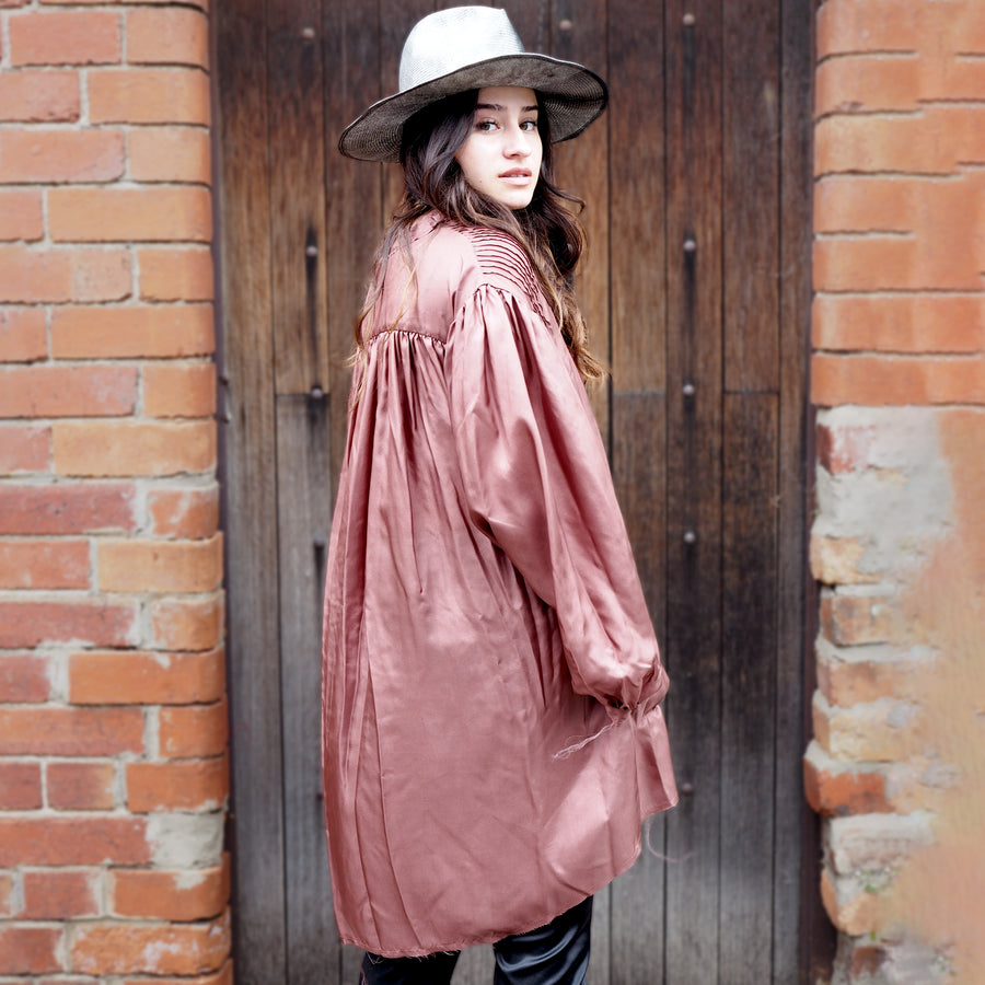 Back of Rose Wood Pintuck Shirt (Silk) | Amano by Lorena Laing
