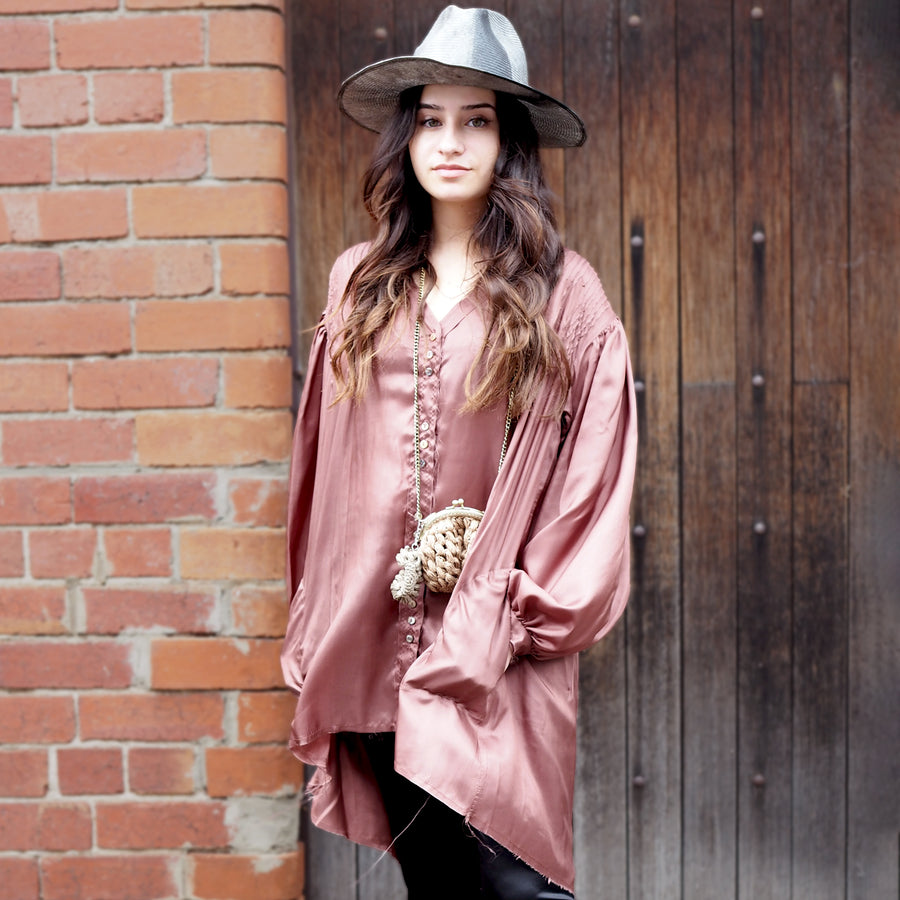 Front of Rose Wood Pintuck Shirt (Silk) | Amano by Lorena Laing