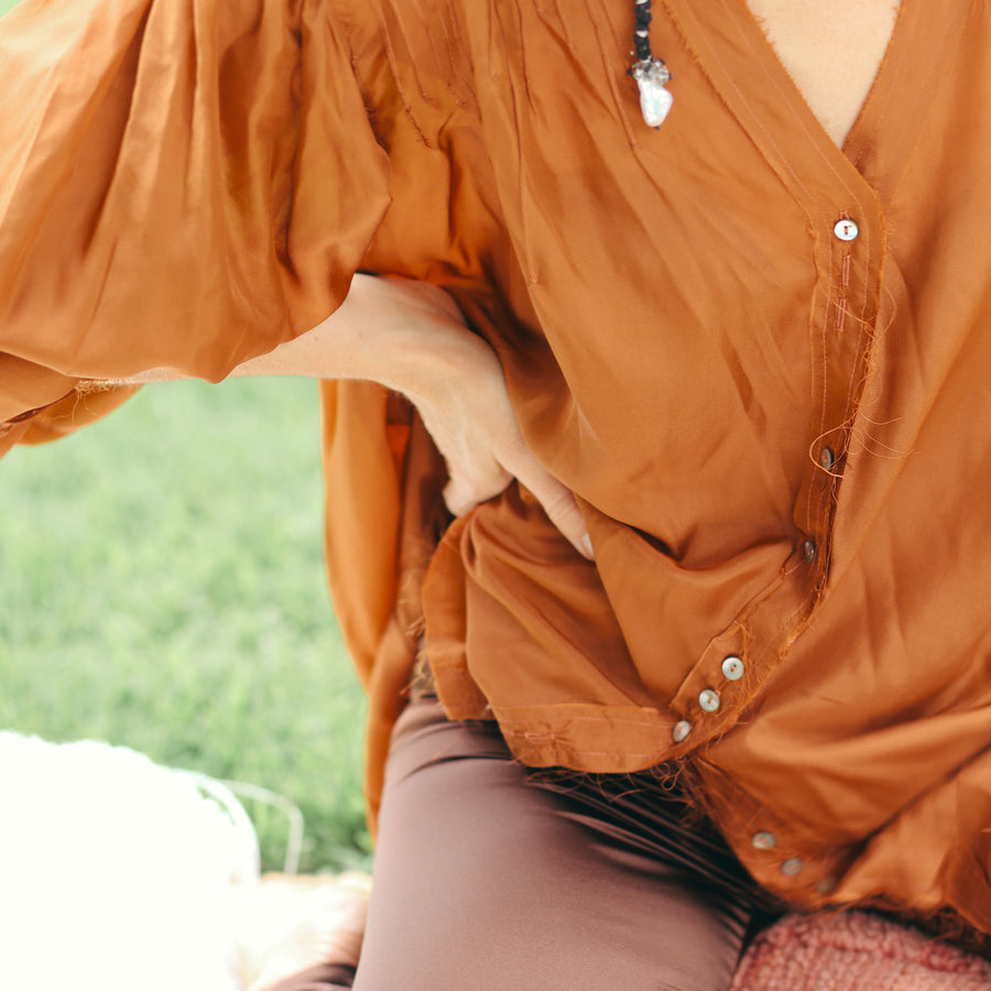 Close up of Rust Pintuck Shirt (Silk) | Amano by Lorena Laing
