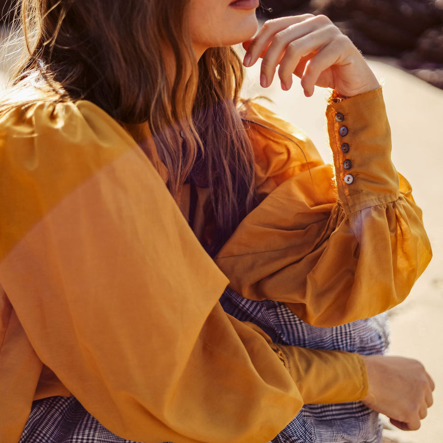 Saffron Button Through Blouse with Optional Neck Tie Close Up | Amano by Lorena Laing