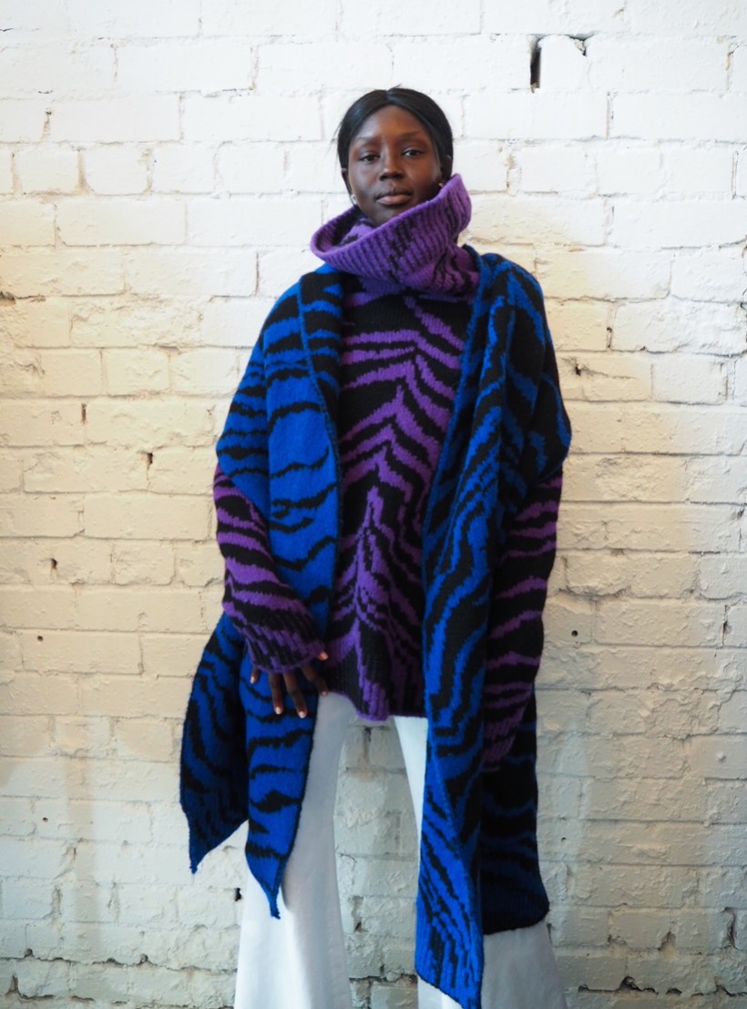 Amano colab zebra jacquard funnel neck sweater