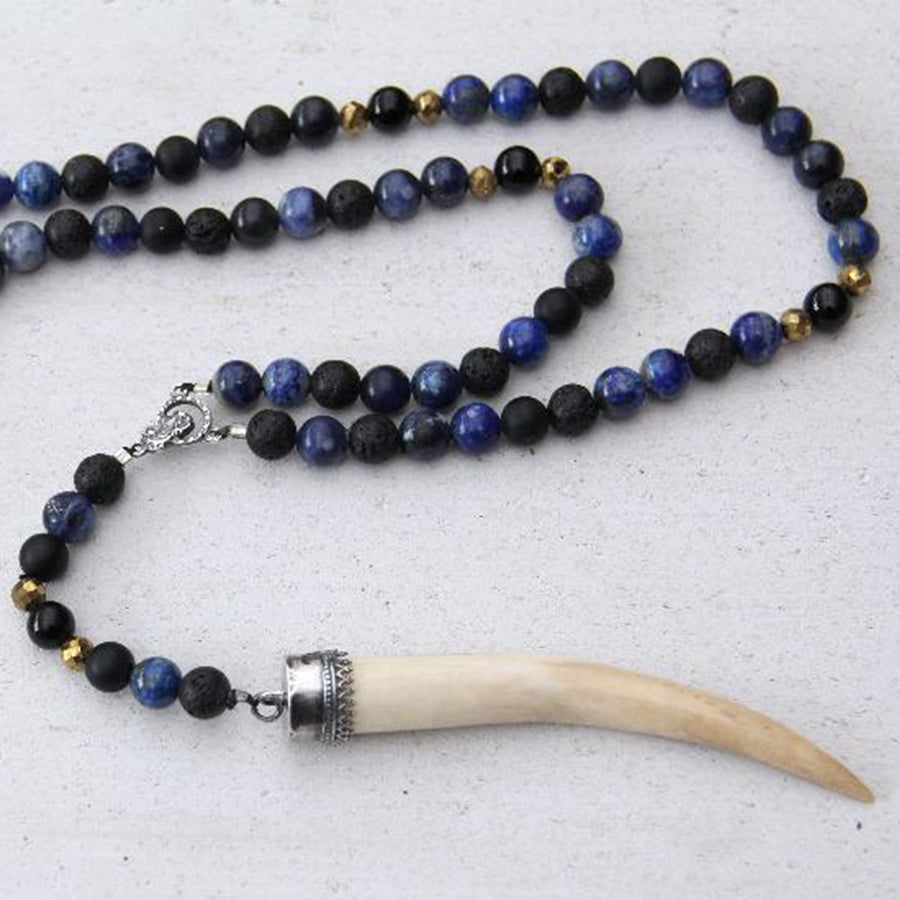 Close up of Blue Bone Handcrafted Prayer Beads (Lava Stone, Lapis Lazuli, Agate) | Emma Rea