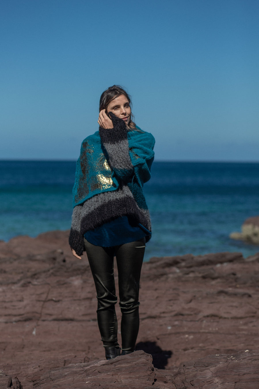 Hand knit V neck sweater (Alpaca) tri stripe Ocean / Charcoal / Black