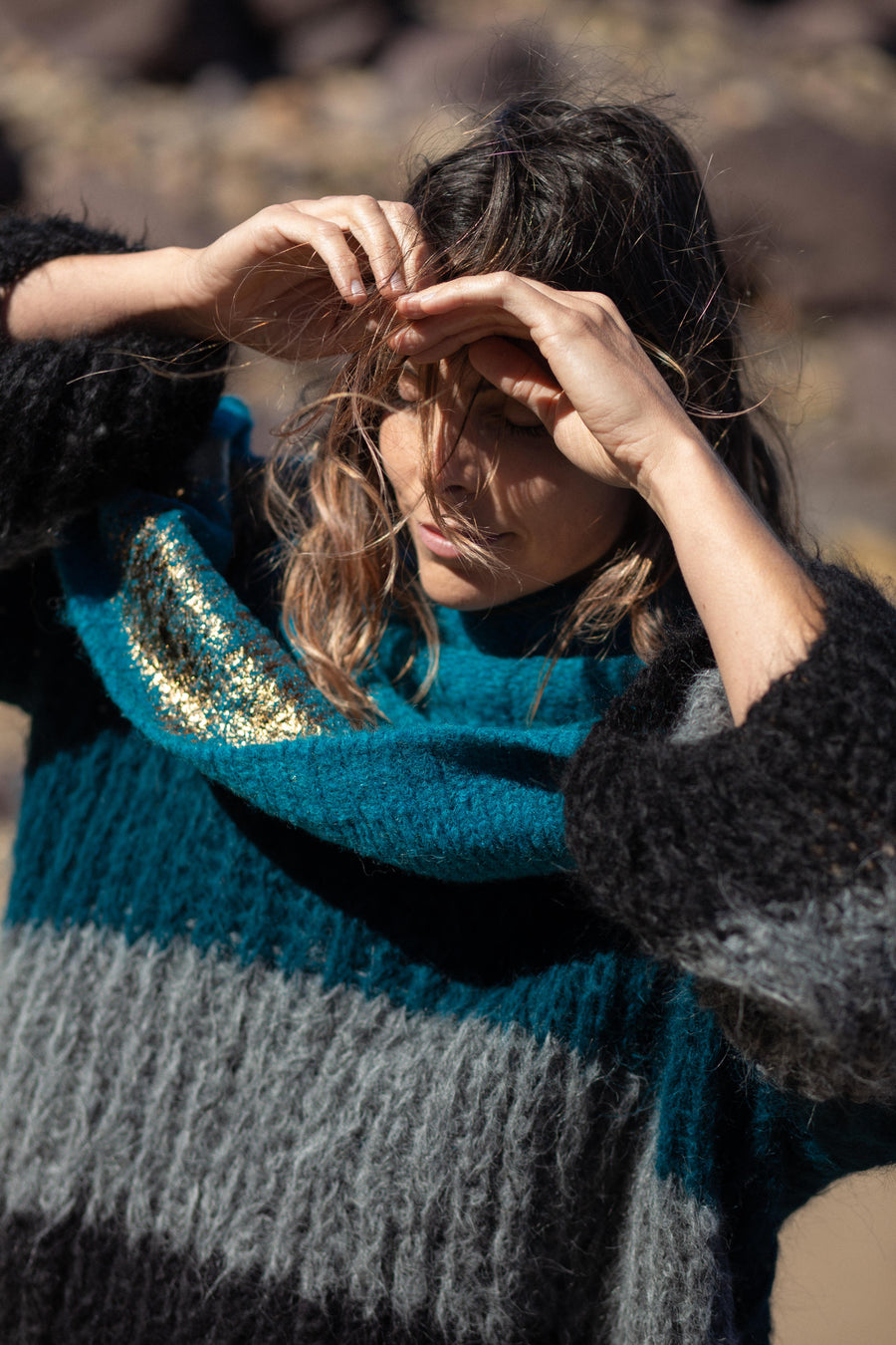 Hand knit V neck sweater (Alpaca) tri stripe Ocean / Charcoal / Black