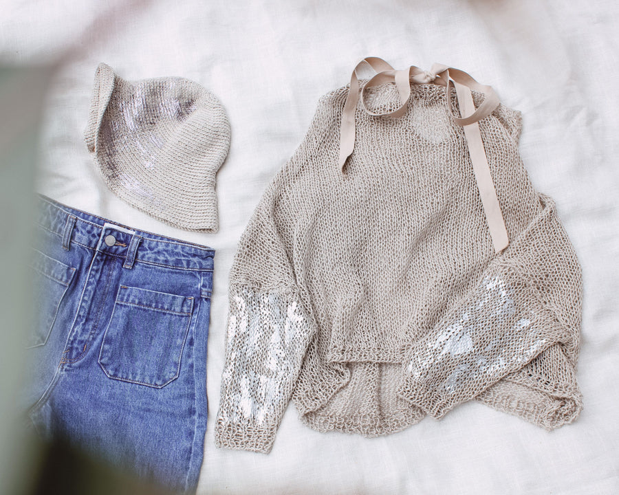 Hand knit batwing tie back top (Linen) Natural foil