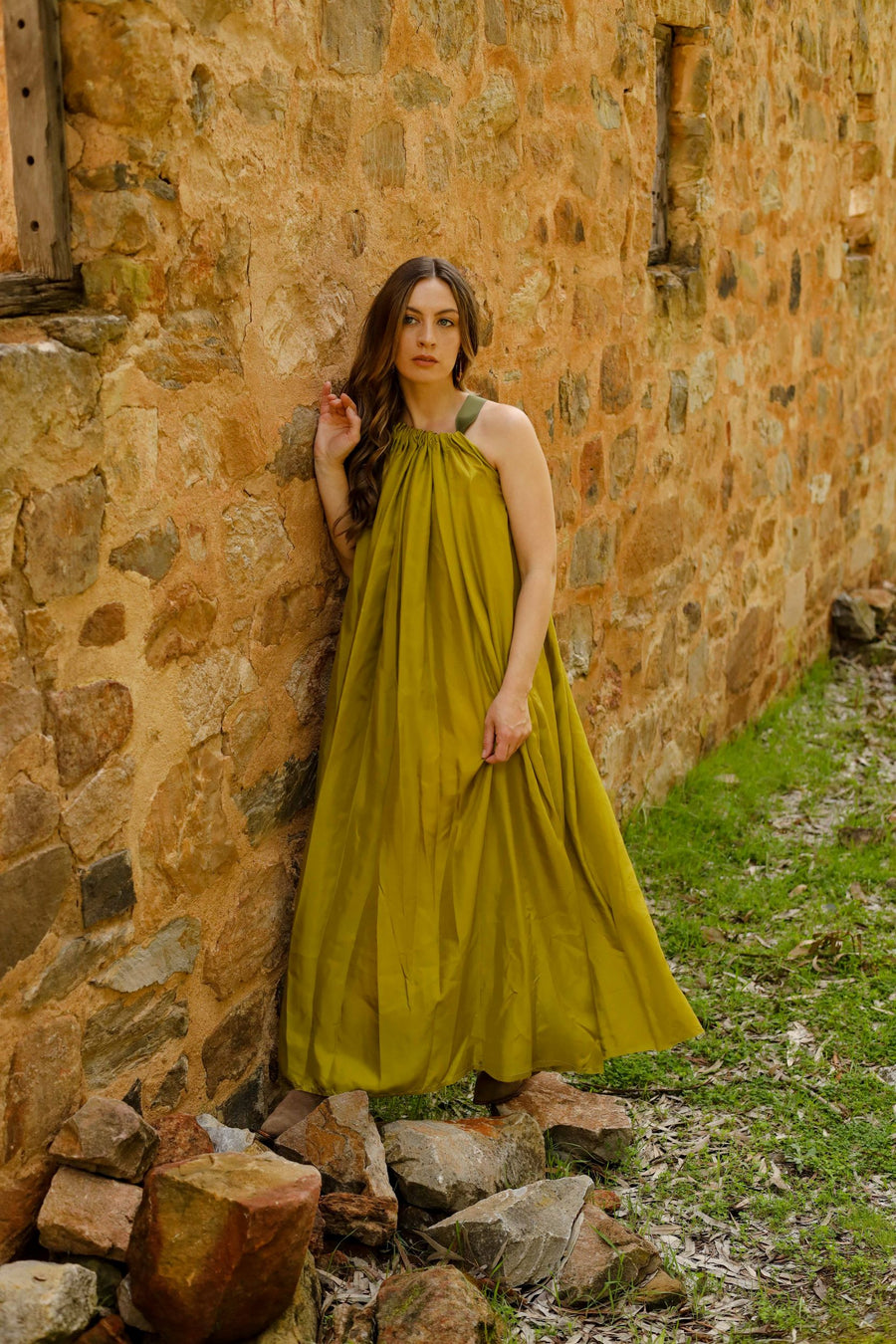 Maxi Dress With Ribbon Ties (Silk) - Chartreuse Green Amano by Lorena Laing Maxi Dress With Ribbon Ties (Silk) - Chartreuse Green Amano by Lorena Laing